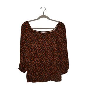 J. JILL $89 Copper Black Leopard Print Long‎ Sleeve Square Neck Blouse XS